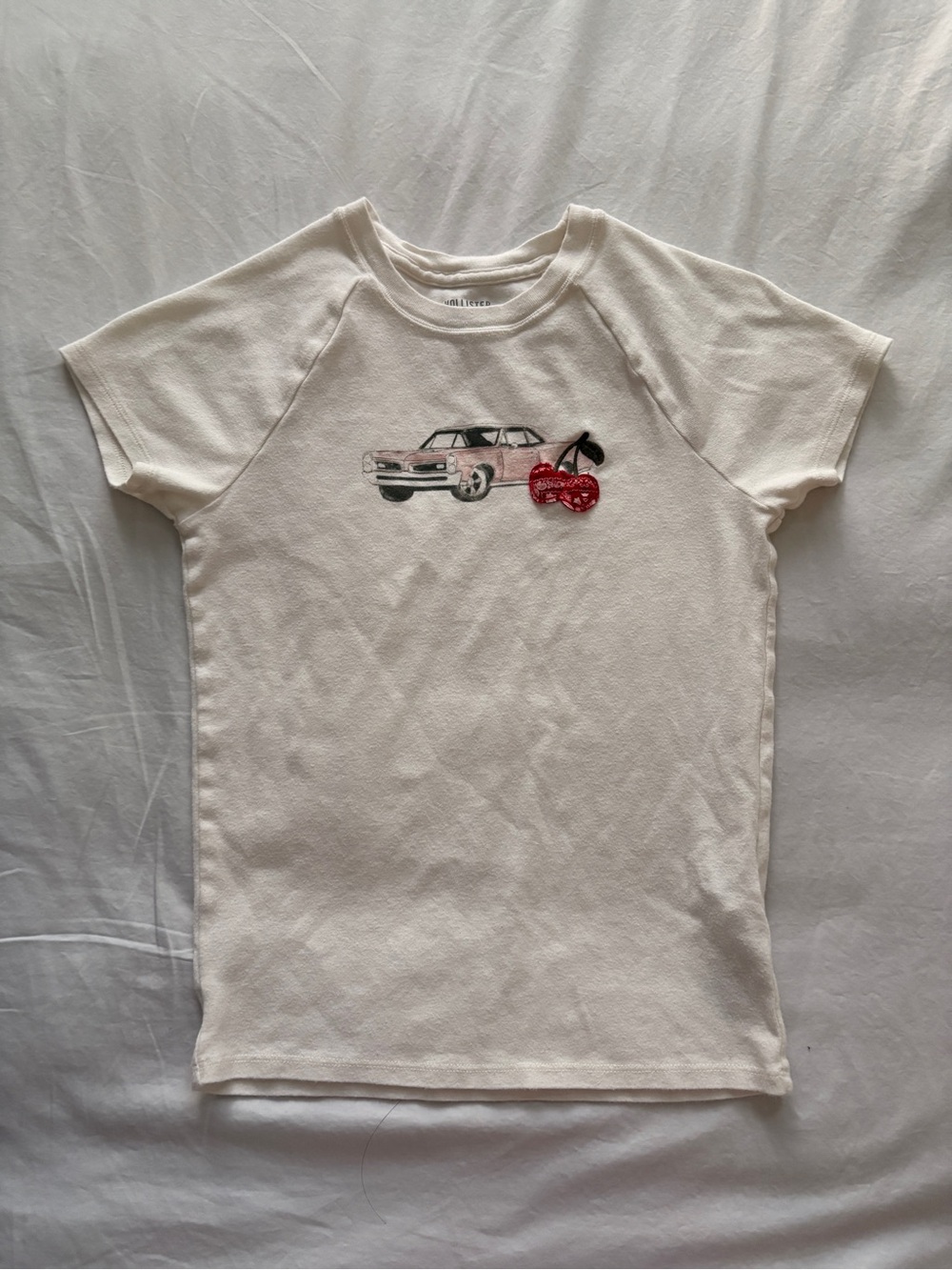 Hollister White Graphic Tee with Cherry & Car Embroidery
